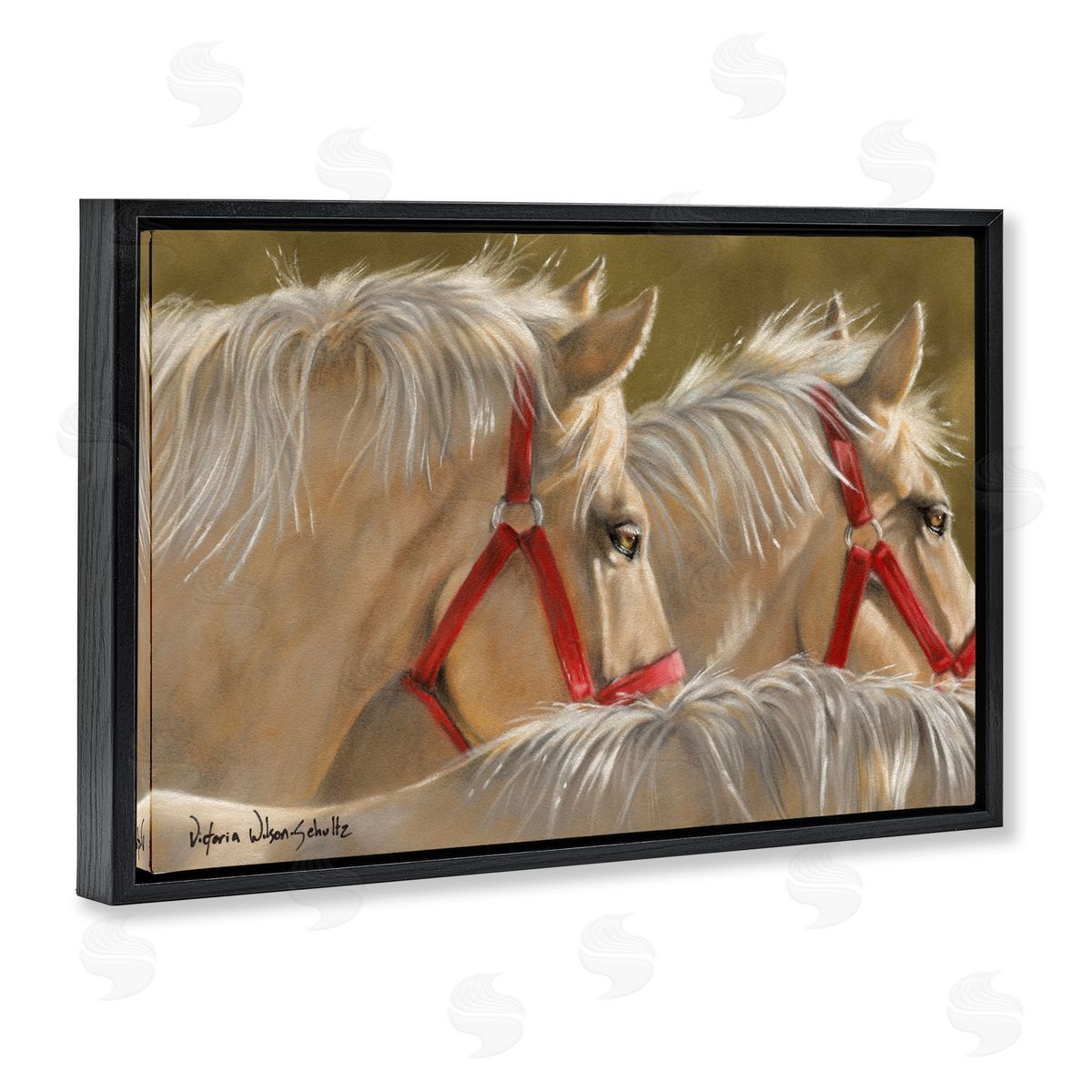 Horses with Red Bridles Black Floating Frame Canvas Wall Art, Home Decor by Victoria Schultz