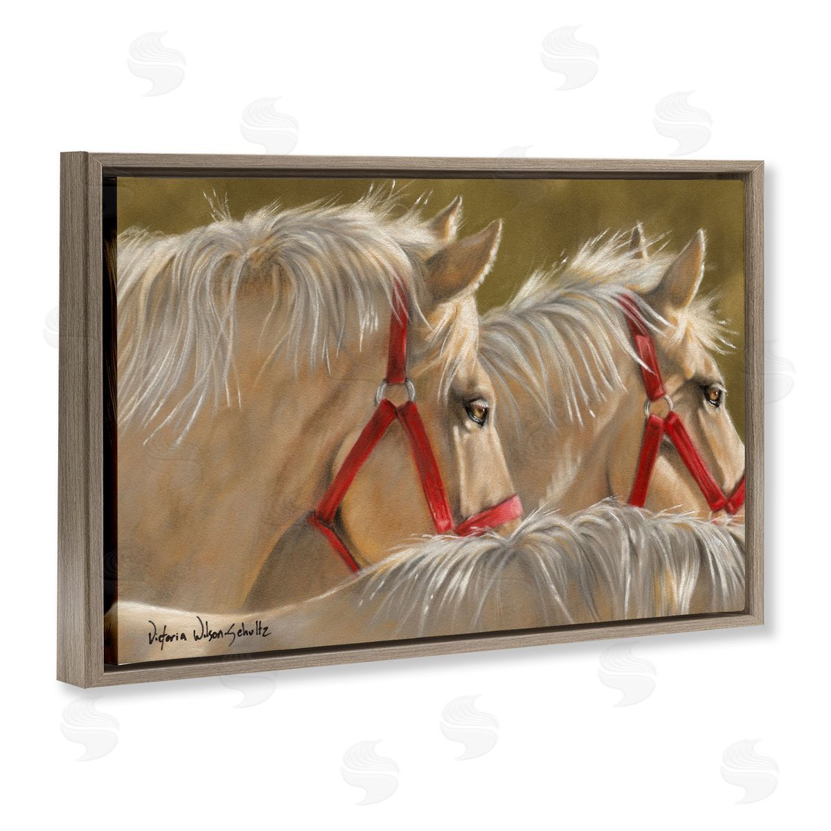 Horses with Red Bridles Brown Floating Frame Canvas Wall Art, Home Decor by Victoria Schultz