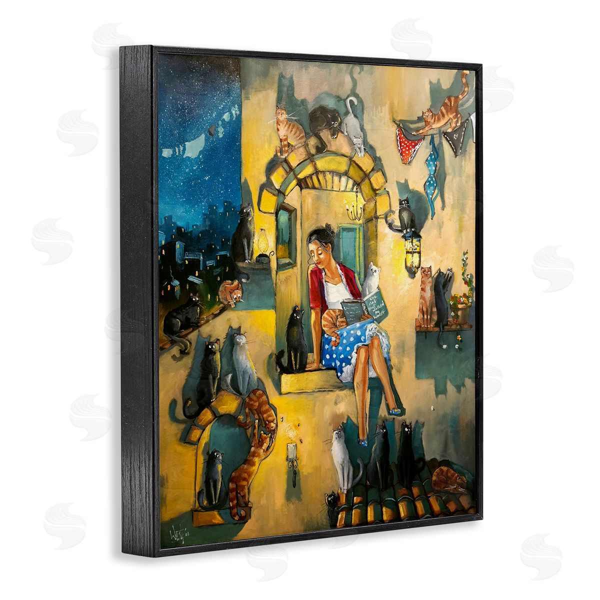 Window Scene with Cats Black Frame Print Wall Art, Home Decor by Ronald West