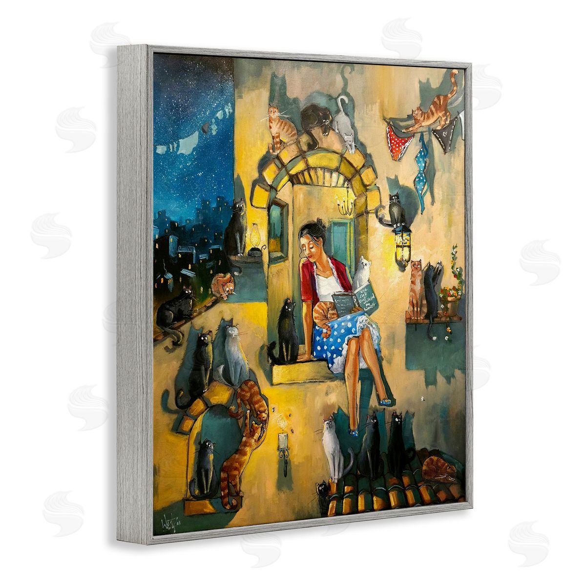 Window Scene with Cats Grey Frame Print Wall Art, Home Decor by Ronald West