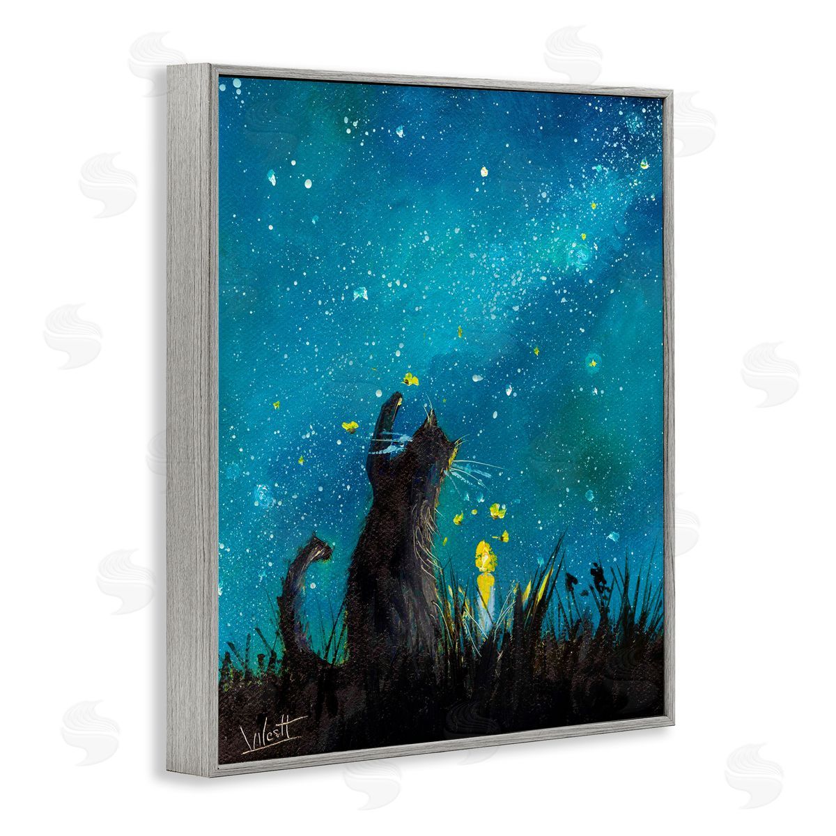 Ronald West Cat Playing Under Stars Gray Framed Giclee Wall Art Print