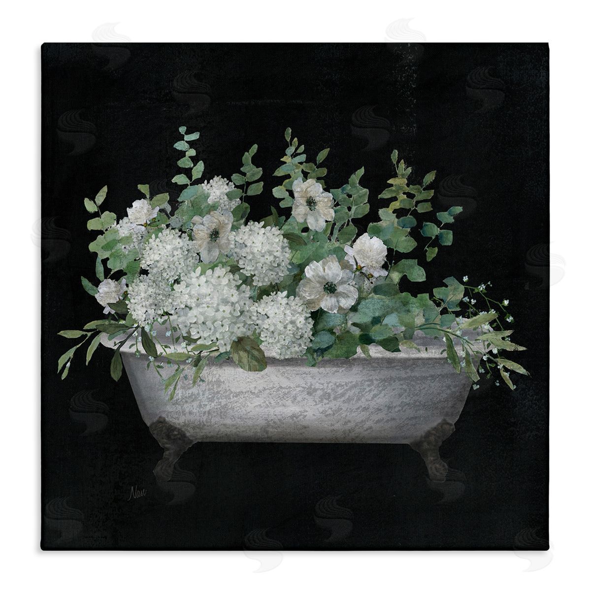 Floral Bath on Black Canvas Wall Art, Home Decor by Nan