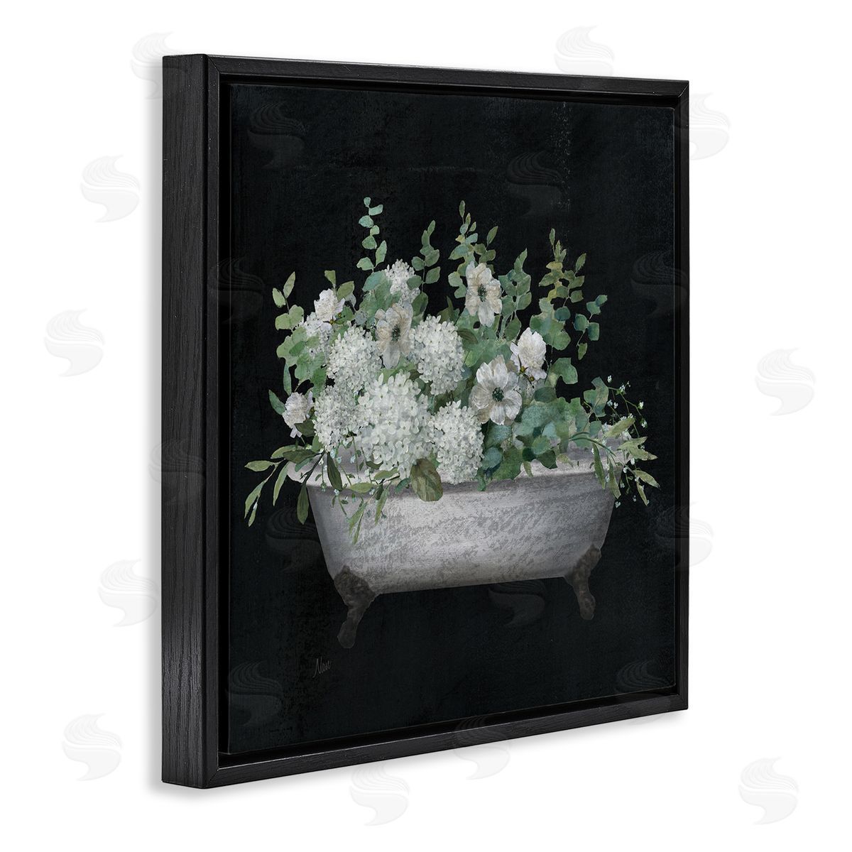 Floral Bath on Black Black Floating Frame Canvas Wall Art, Home Decor by Nan