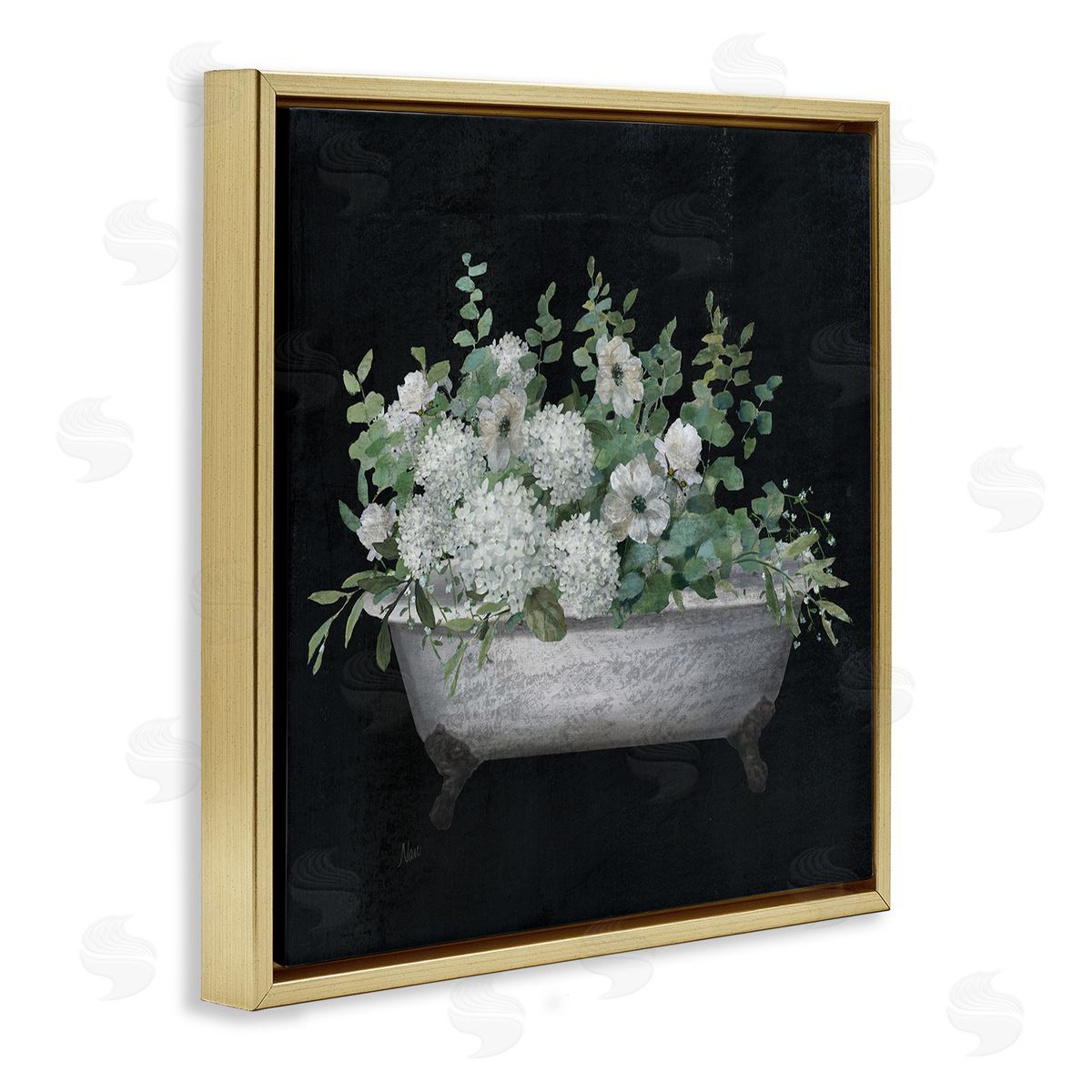 Floral Bath on Black Gold Floating Frame Canvas Wall Art, Home Decor by Nan
