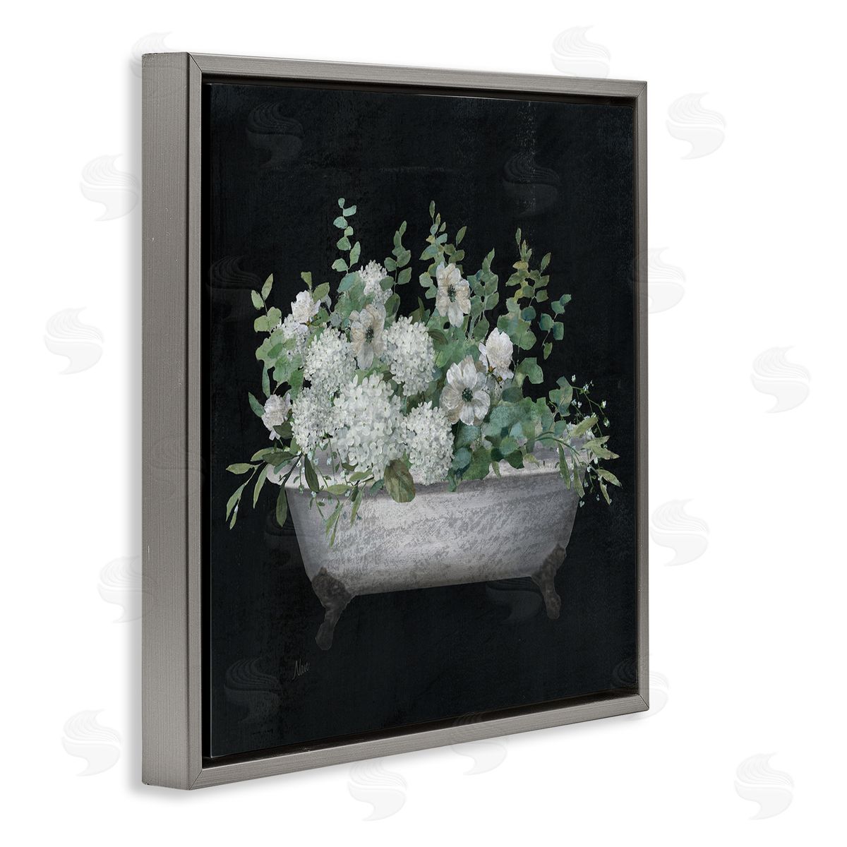 Floral Bath on Black Grey Floating Frame Canvas Wall Art, Home Decor by Nan