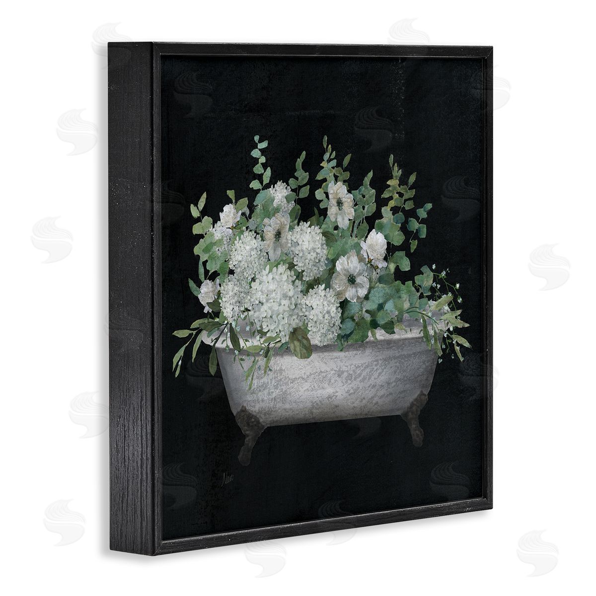 Floral Bath on Black Black Frame Print Wall Art, Home Decor by Nan