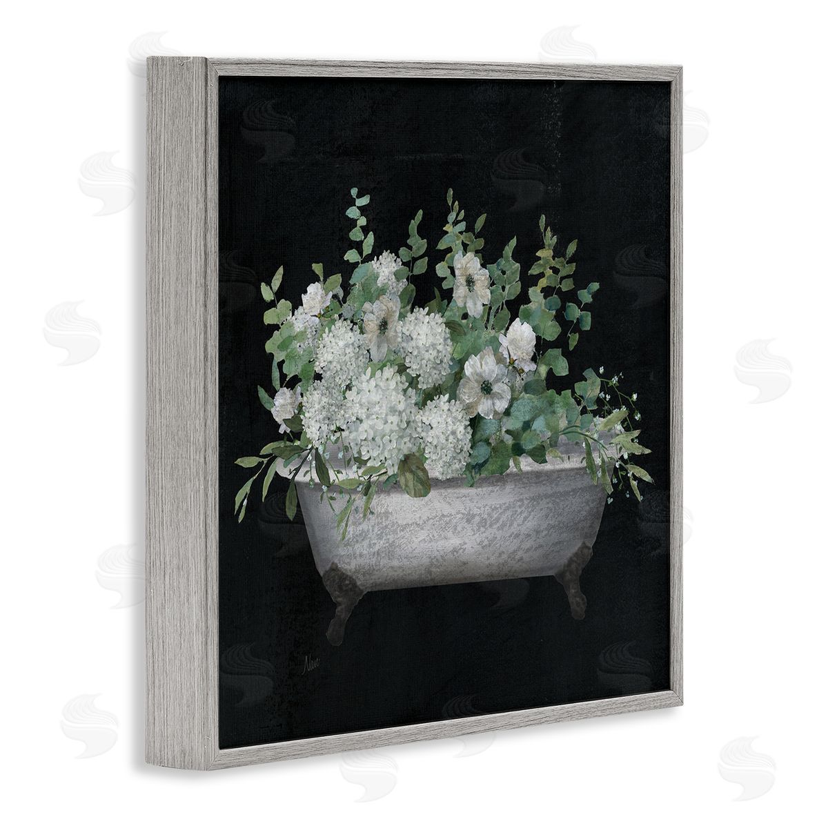 Floral Bath on Black Grey Frame Print Wall Art, Home Decor by Nan