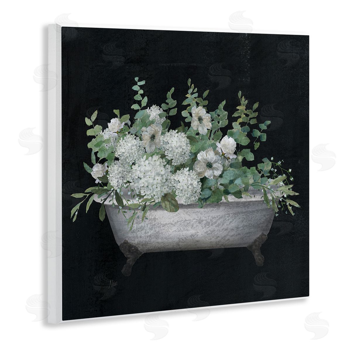 Floral Bath on Black Wood Plaque Wall Art, Home Decor by Nan