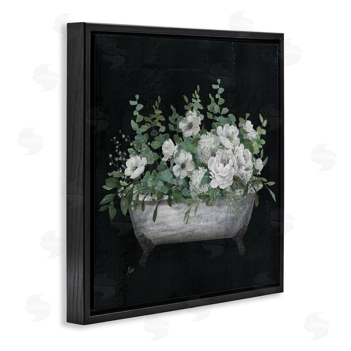 Rustic Floral Bathtub Black Floating Frame Canvas Wall Art, Home Decor by Nan