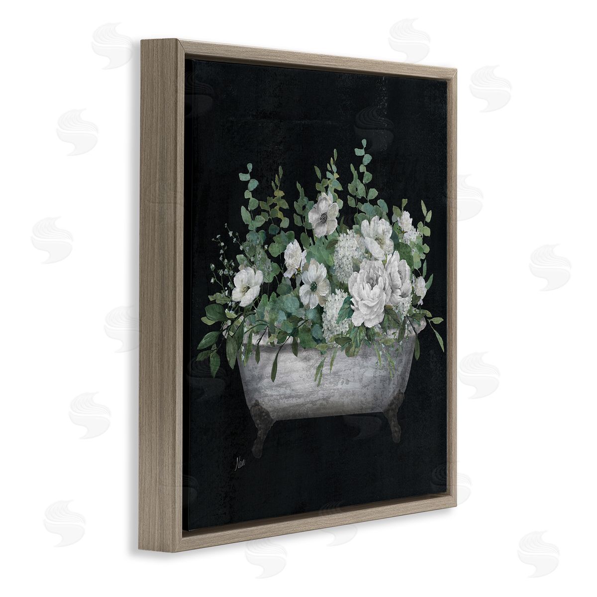 Rustic Floral Bathtub Brown Floating Frame Canvas Wall Art, Home Decor by Nan
