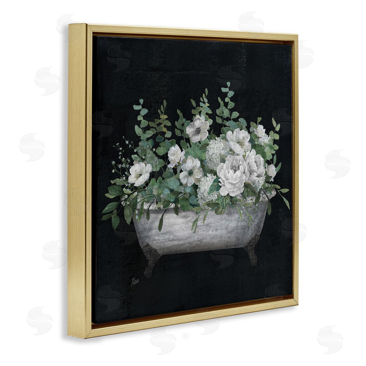 Rustic Floral Bathtub Gold Floating Frame Canvas Wall Art, Home Decor by Nan