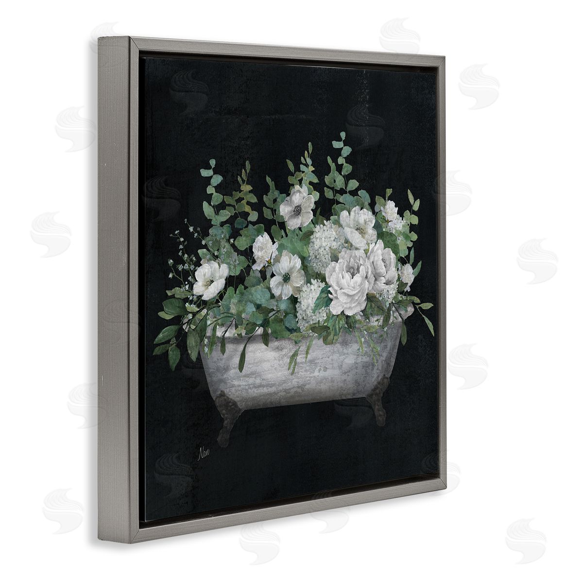 Rustic Floral Bathtub Grey Floating Frame Canvas Wall Art, Home Decor by Nan