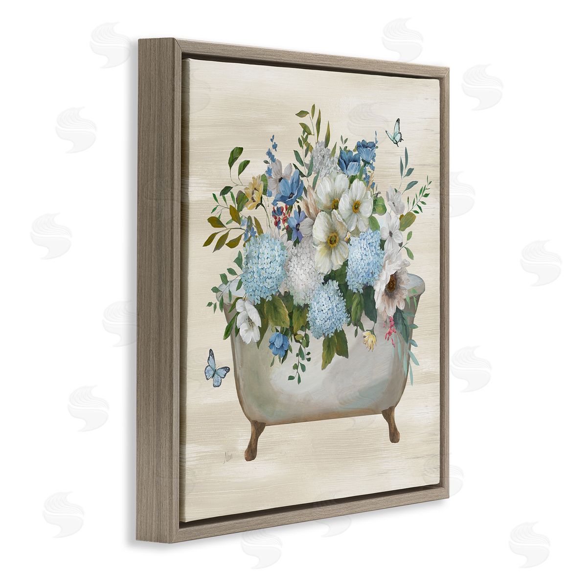 Full Hydrangea Bathtub Brown Floating Frame Canvas Wall Art, Home Decor by Nan