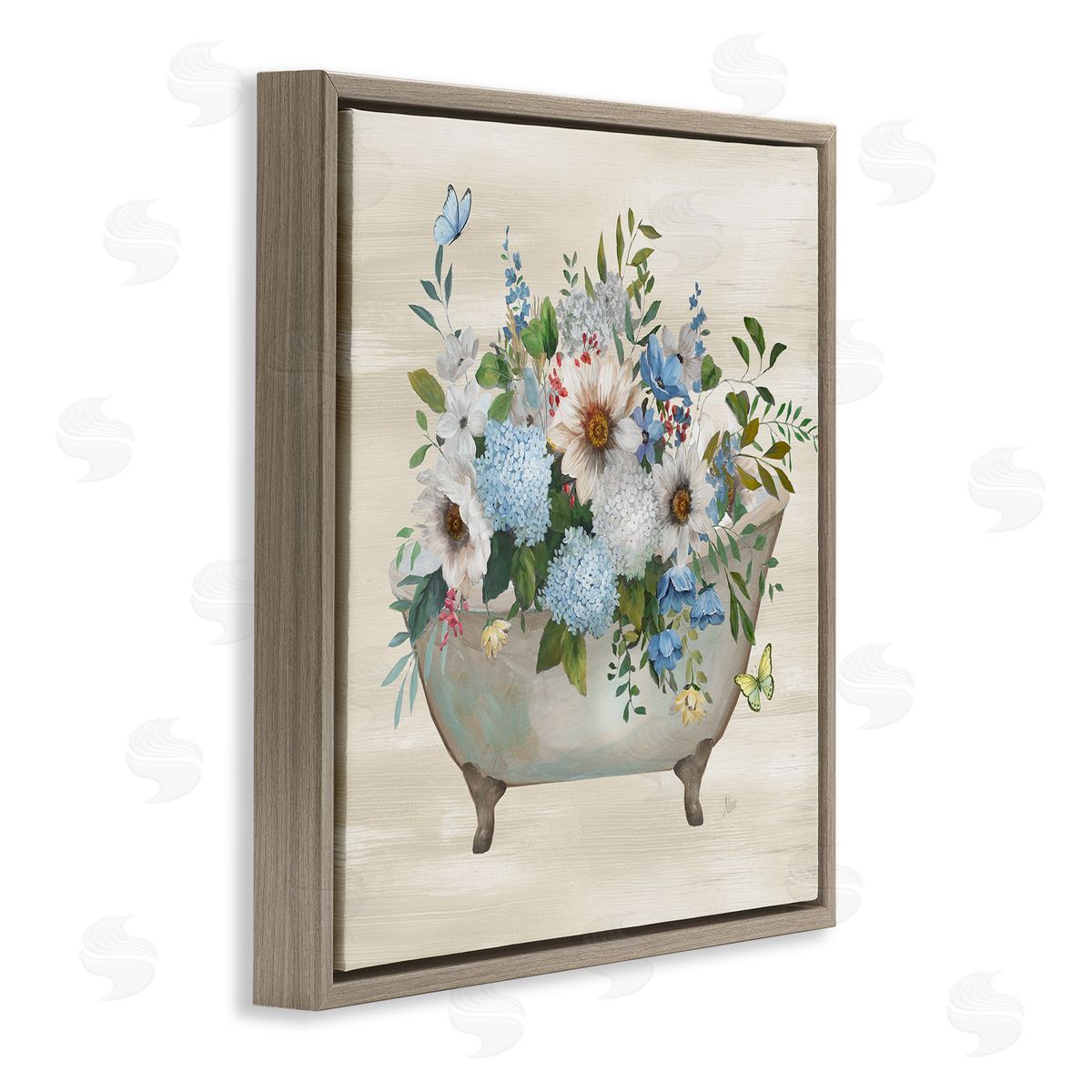 Floral Bouquet Bathtub Brown Floating Frame Canvas Wall Art, Home Decor by Nan