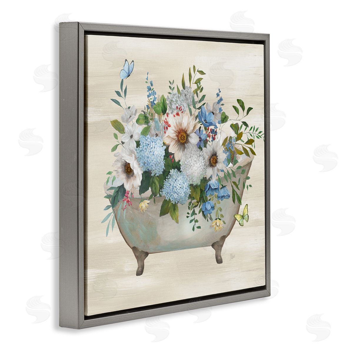 Floral Bouquet Bathtub Grey Floating Frame Canvas Wall Art, Home Decor by Nan