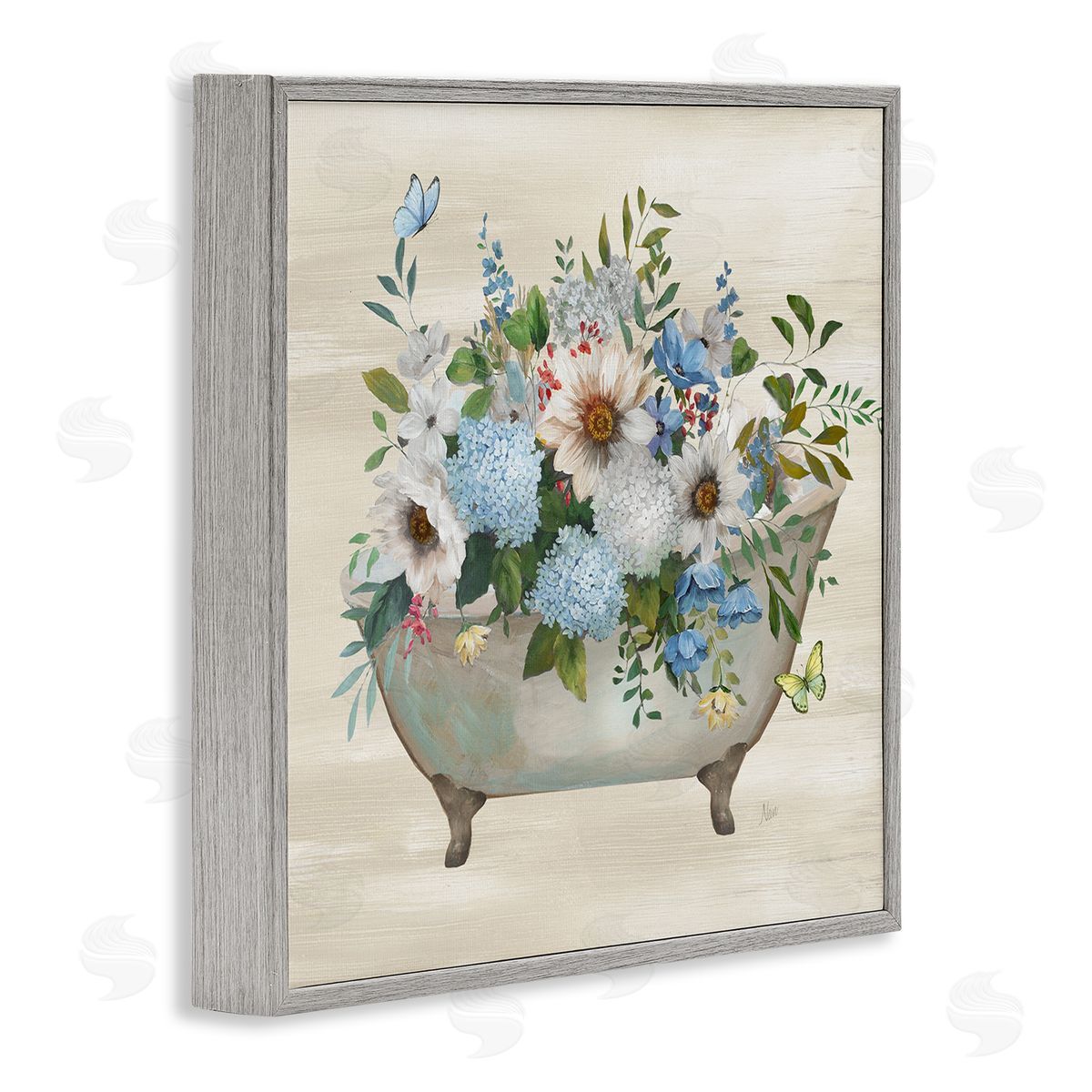 Floral Bouquet Bathtub Grey Frame Print Wall Art, Home Decor by Nan