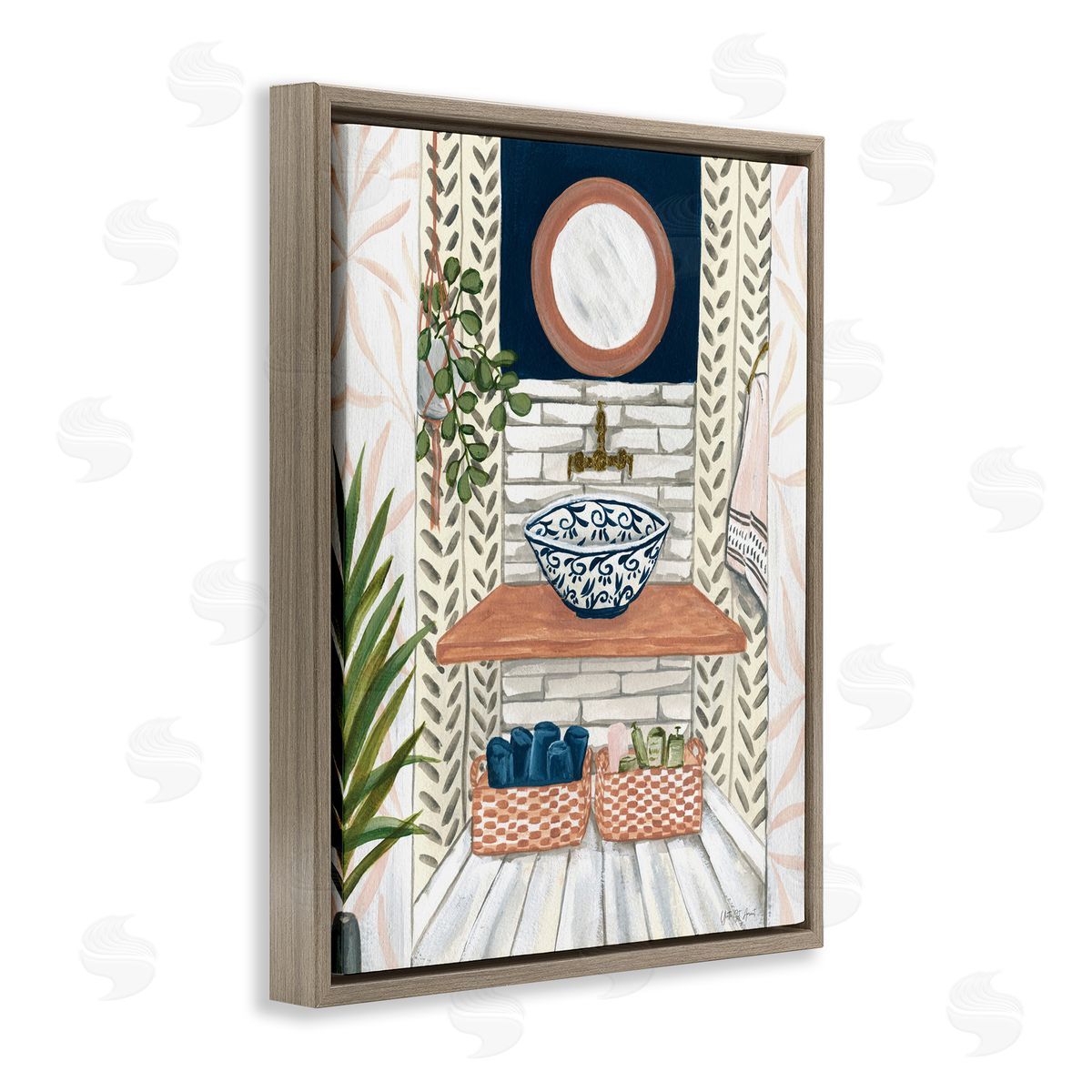 Chic Bathroom Scene Brown Floating Frame Canvas Wall Art, Home Decor by Yvette St. Amant
