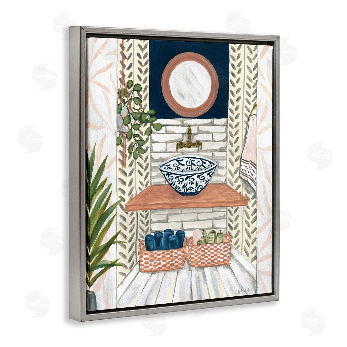 Chic Bathroom Scene Grey Floating Frame Canvas Wall Art, Home Decor by Yvette St. Amant