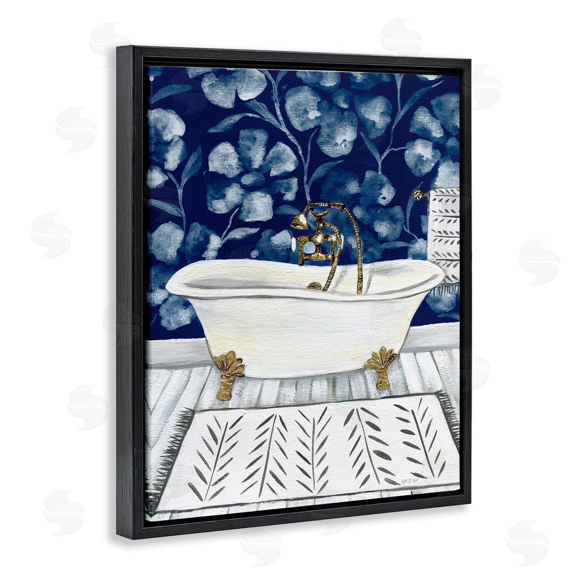 Bold Blue Bathtub Black Floating Frame Canvas Wall Art, Home Decor by Yvette St. Amant
