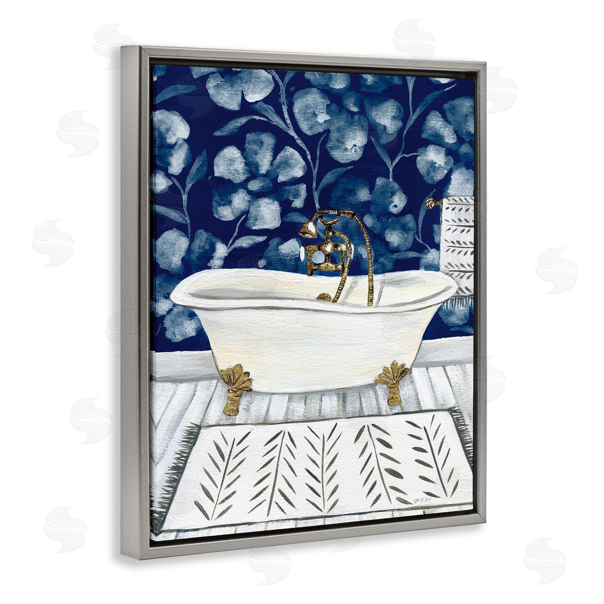 Bold Blue Bathtub Grey Floating Frame Canvas Wall Art, Home Decor by Yvette St. Amant