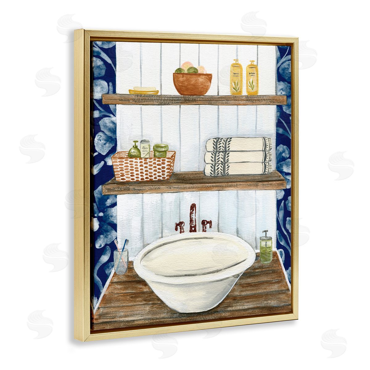 Bold Blue Bathroom Gold Floating Frame Canvas Wall Art, Home Decor by Yvette St. Amant