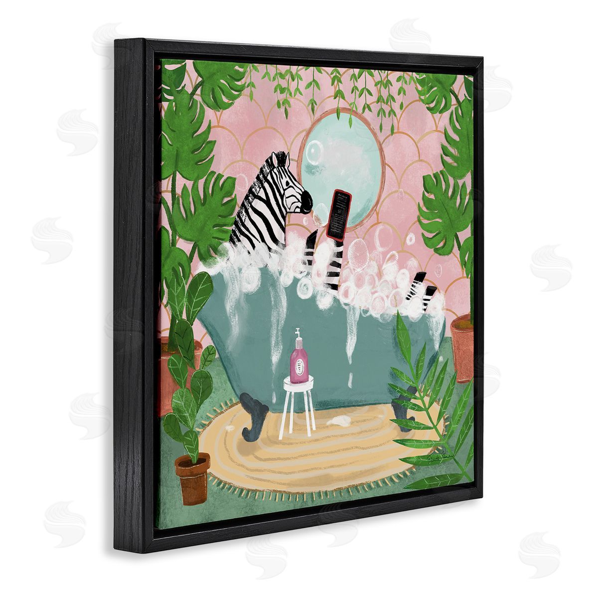Zebra Fun Bath Time Black Floating Frame Canvas Wall Art, Home Decor by Farida Zaman