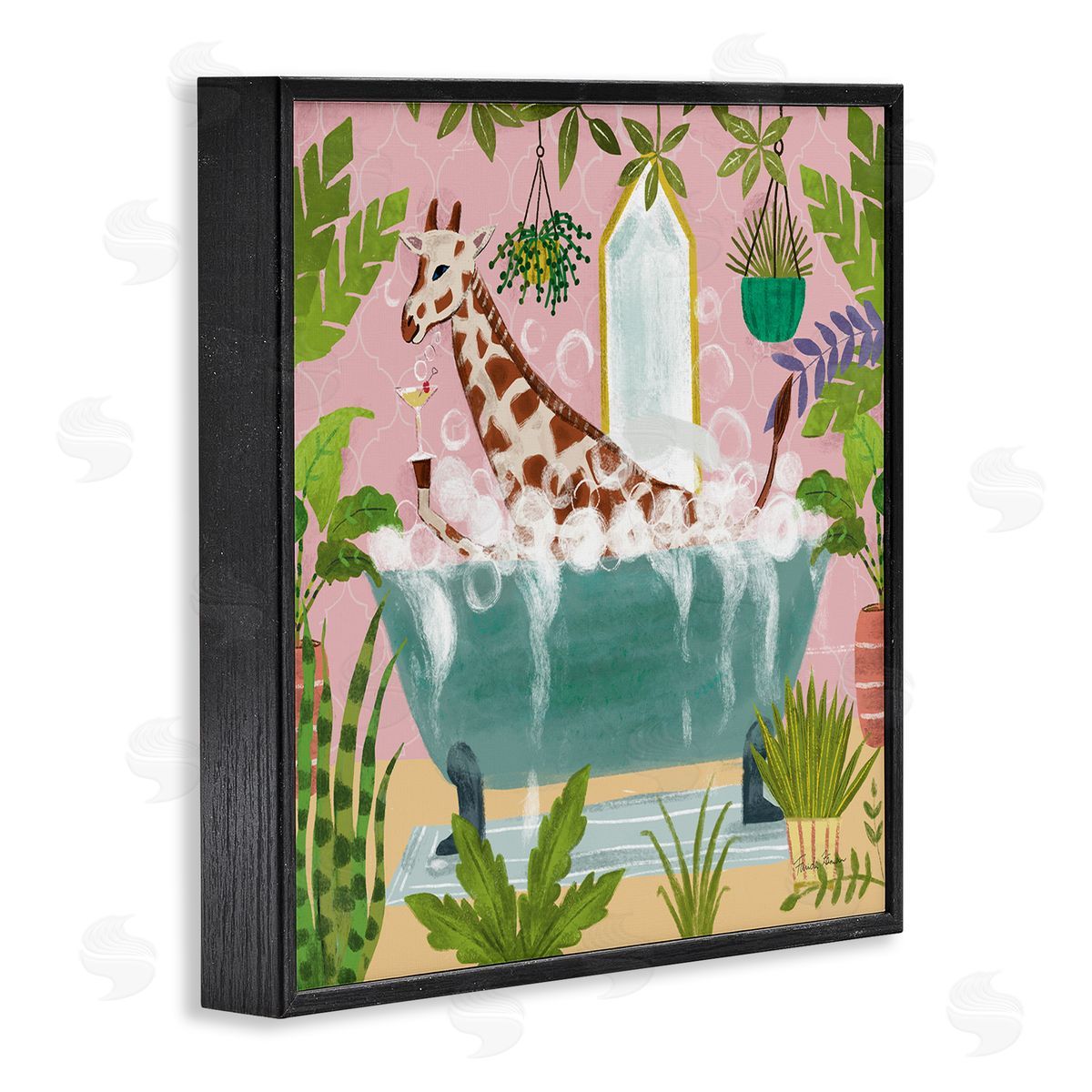 Giraffe Fun Bath Time Black Frame Print Wall Art, Home Decor by Farida Zaman
