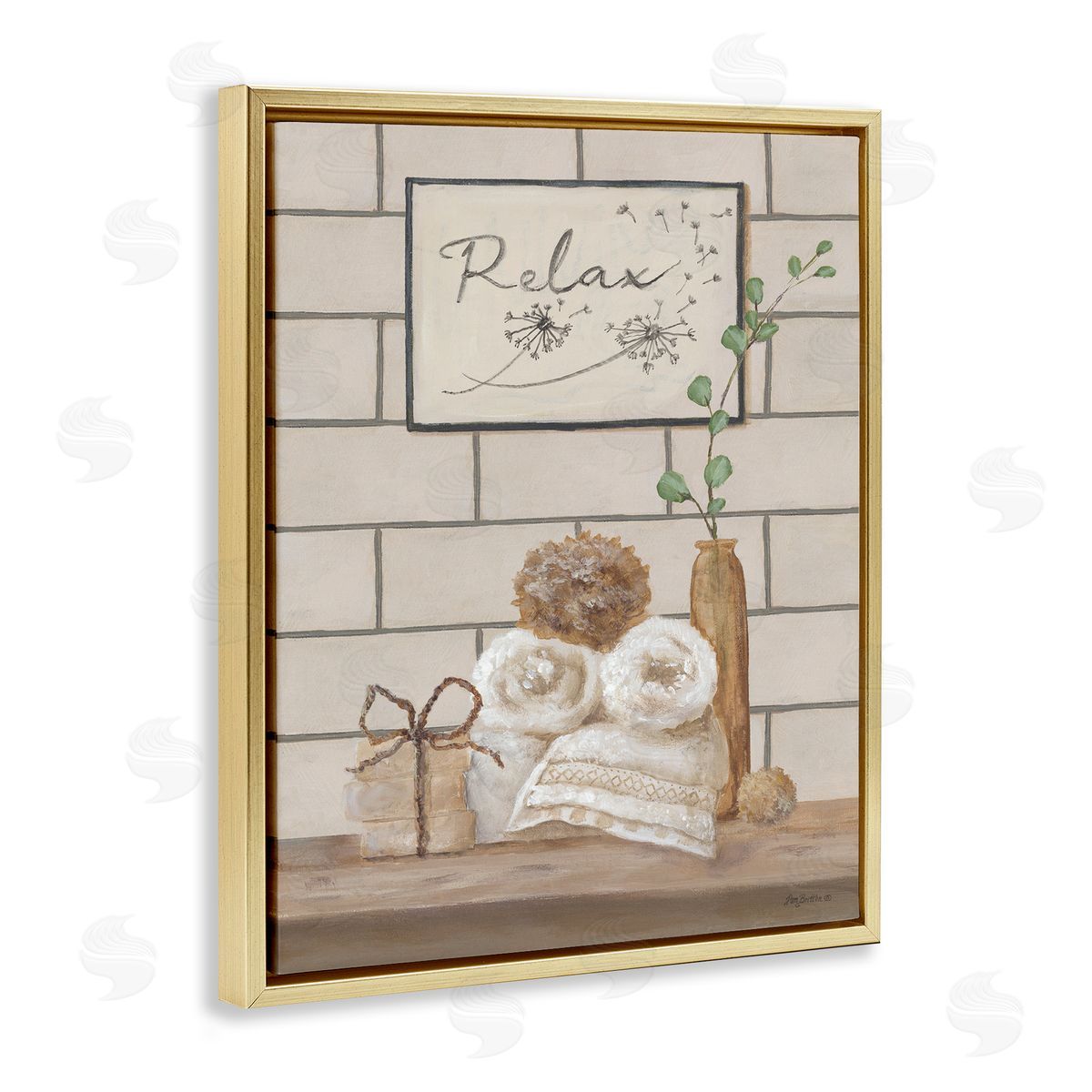 Relax Bathroom Scene Gold Floating Frame Canvas Wall Art, Home Decor by Pam Britton