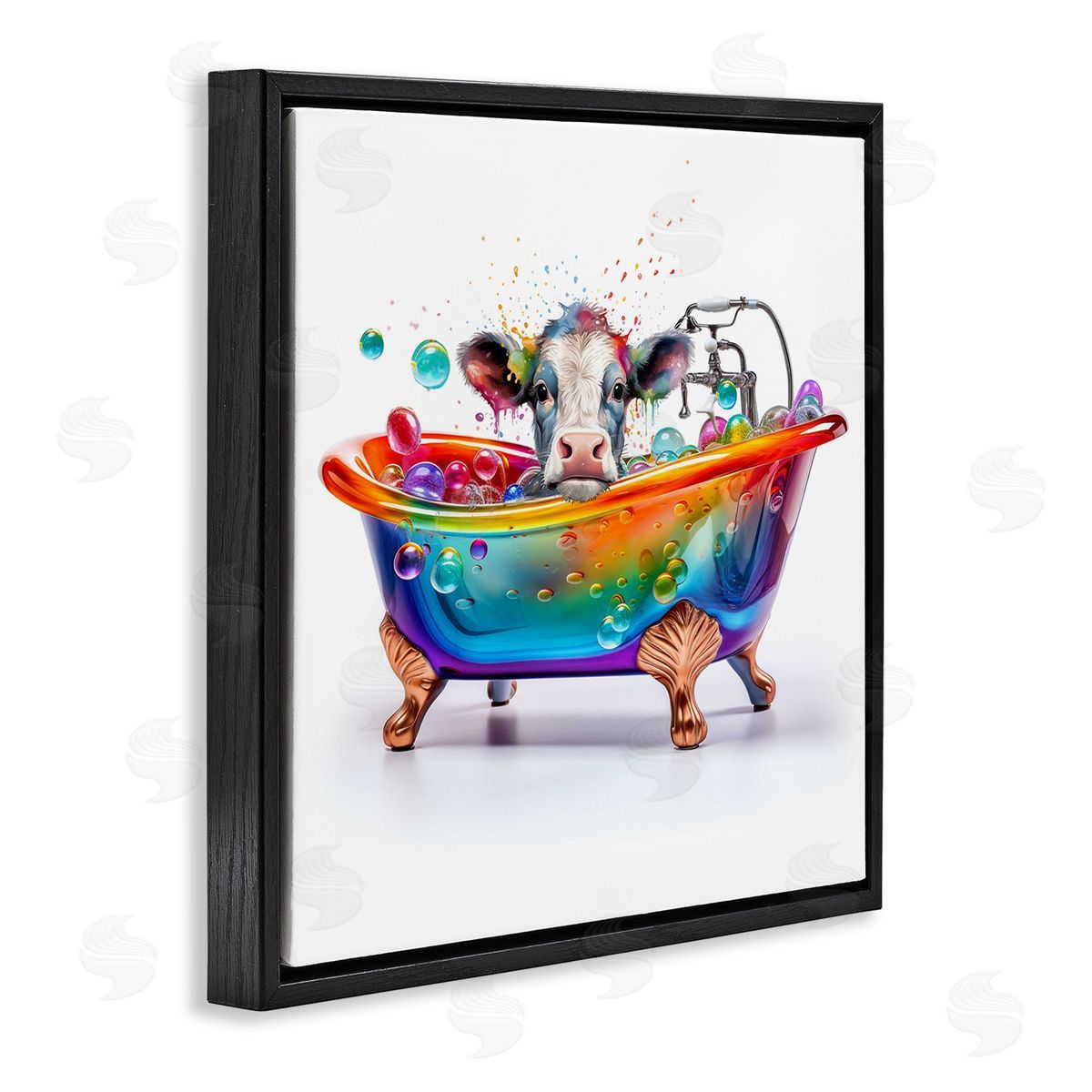 Cow in Rainbow Bath Black Floating Frame Canvas Wall Art, Home Decor by Mary Cunningham