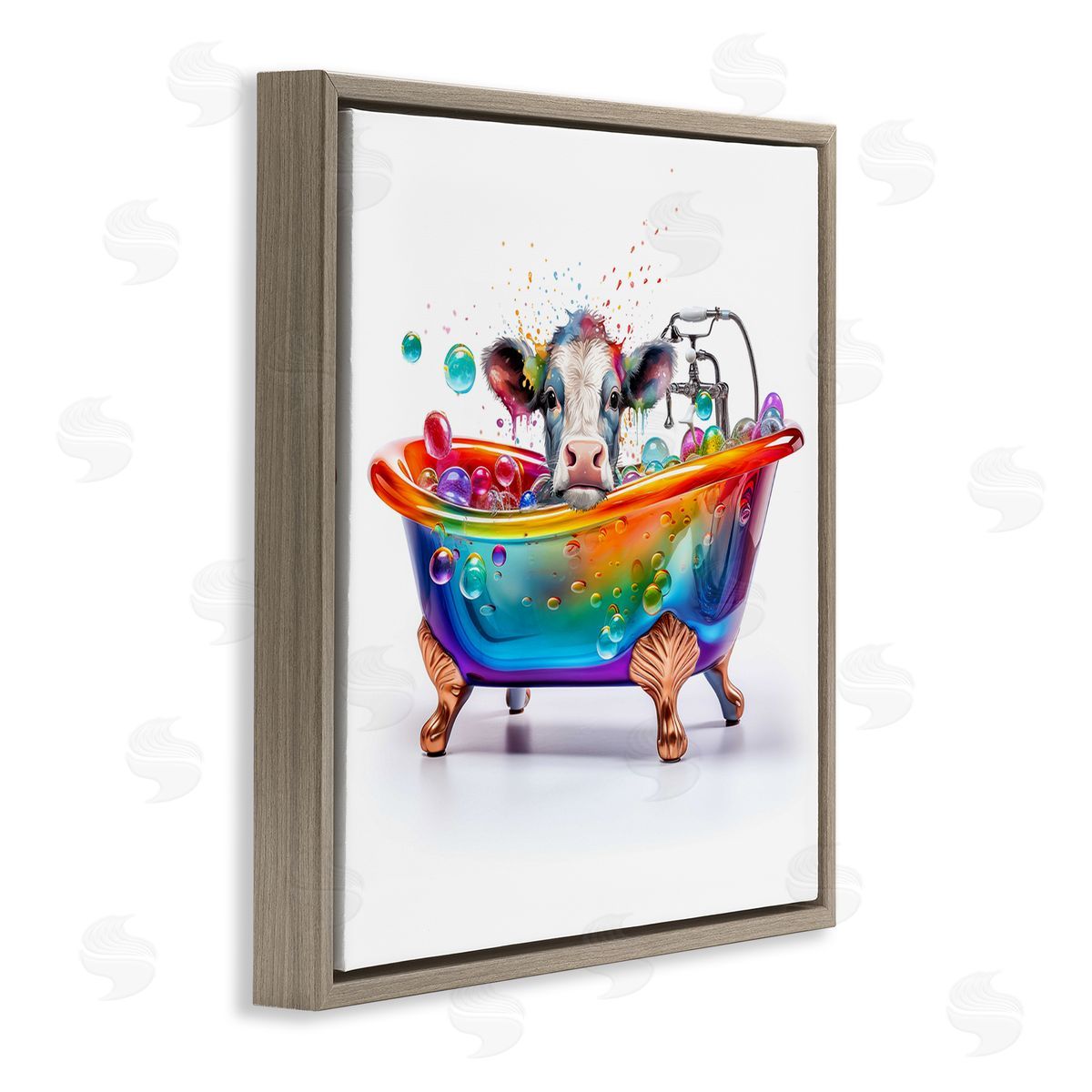 Cow in Rainbow Bath Brown Floating Frame Canvas Wall Art, Home Decor by Mary Cunningham