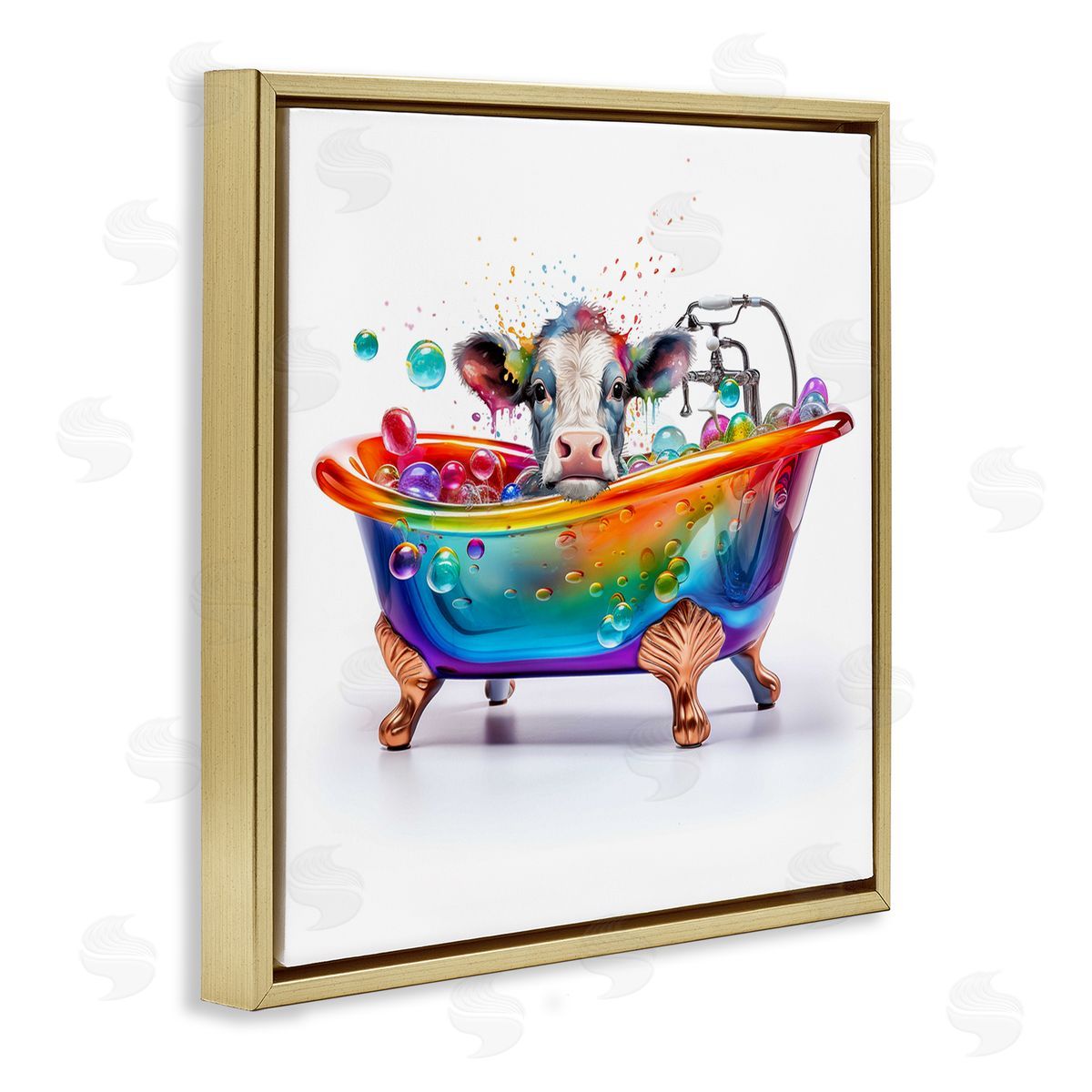 Cow in Rainbow Bath Gold Floating Frame Canvas Wall Art, Home Decor by Mary Cunningham