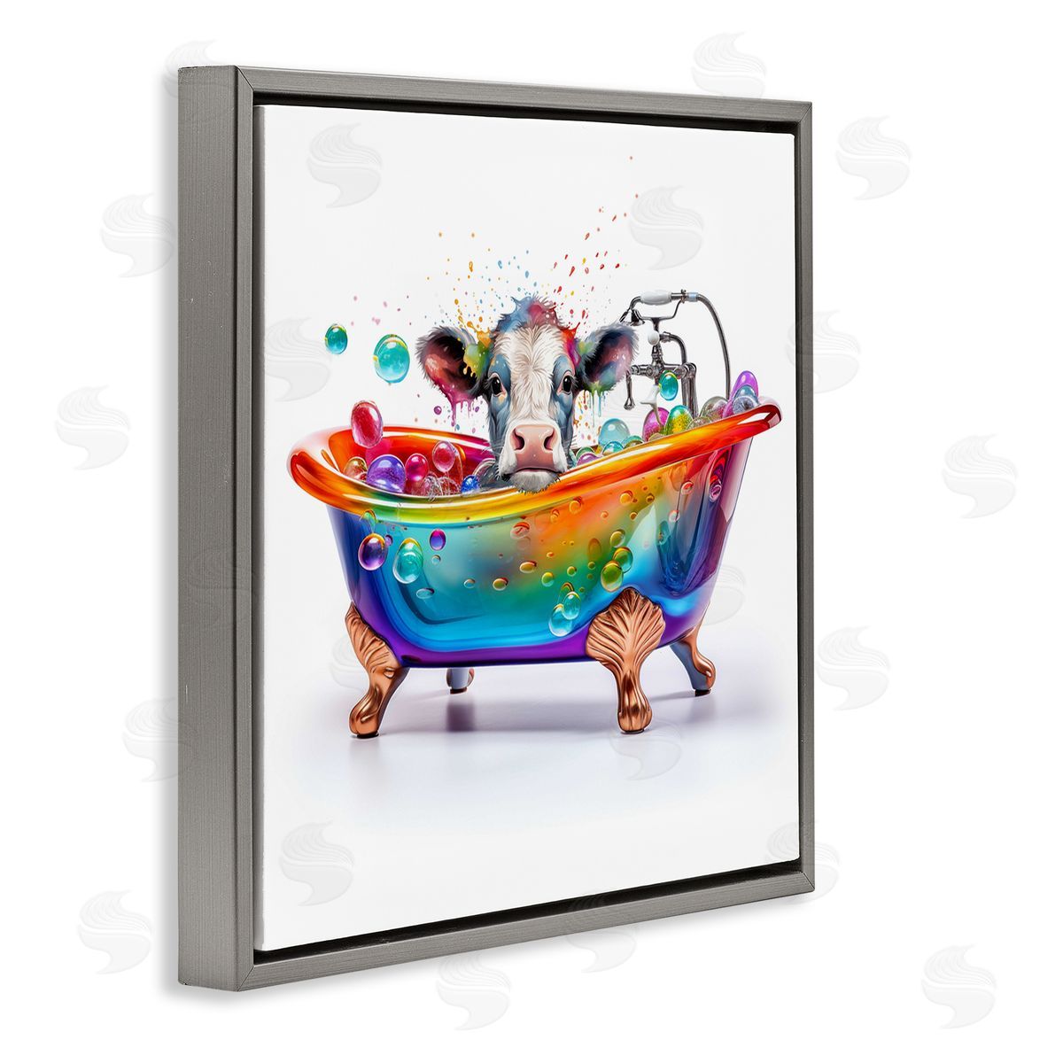 Cow in Rainbow Bath Grey Floating Frame Canvas Wall Art, Home Decor by Mary Cunningham