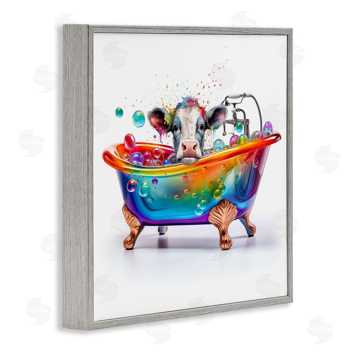 Cow in Rainbow Bath Grey Frame Print Wall Art, Home Decor by Mary Cunningham