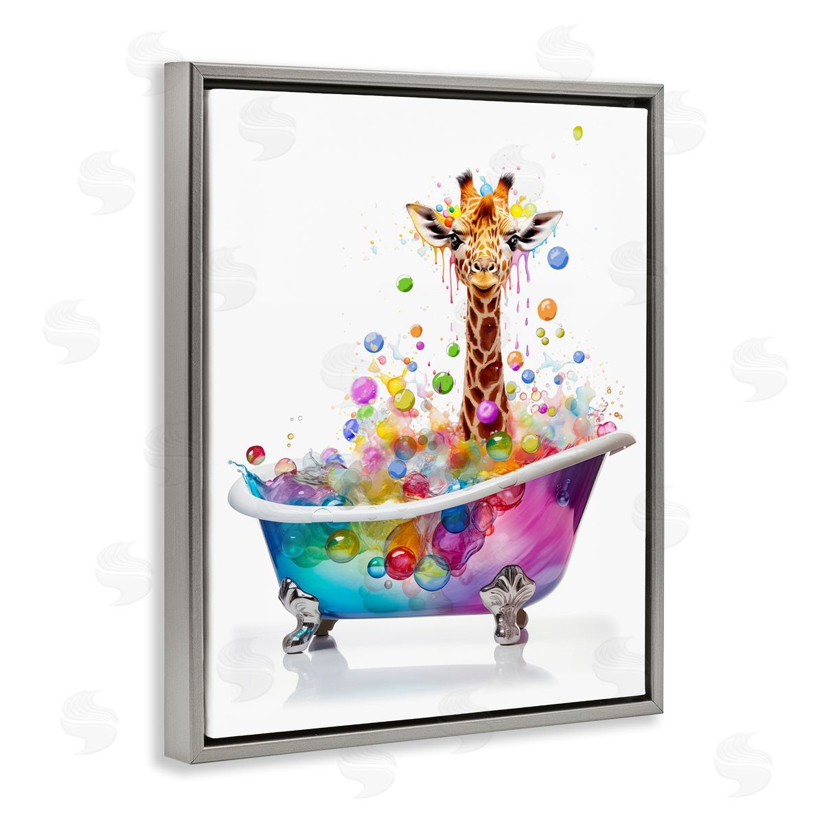 MB Cunningham Rainbow Bubble Bath Giraffe Gray Floating Frame Canvas Wall Art Print