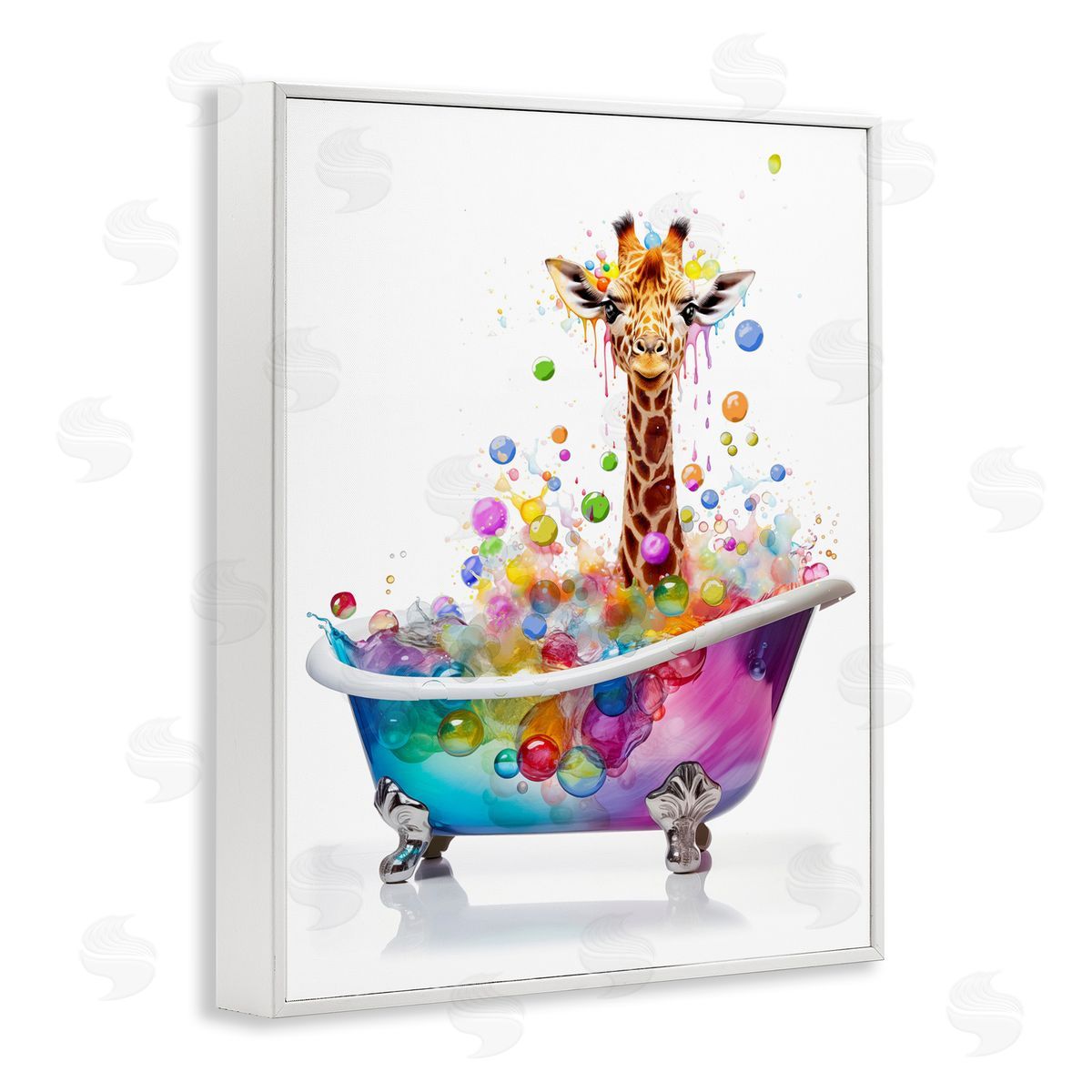 MB Cunningham Rainbow Bubble Bath Giraffe White Framed Giclee Wall Art Print