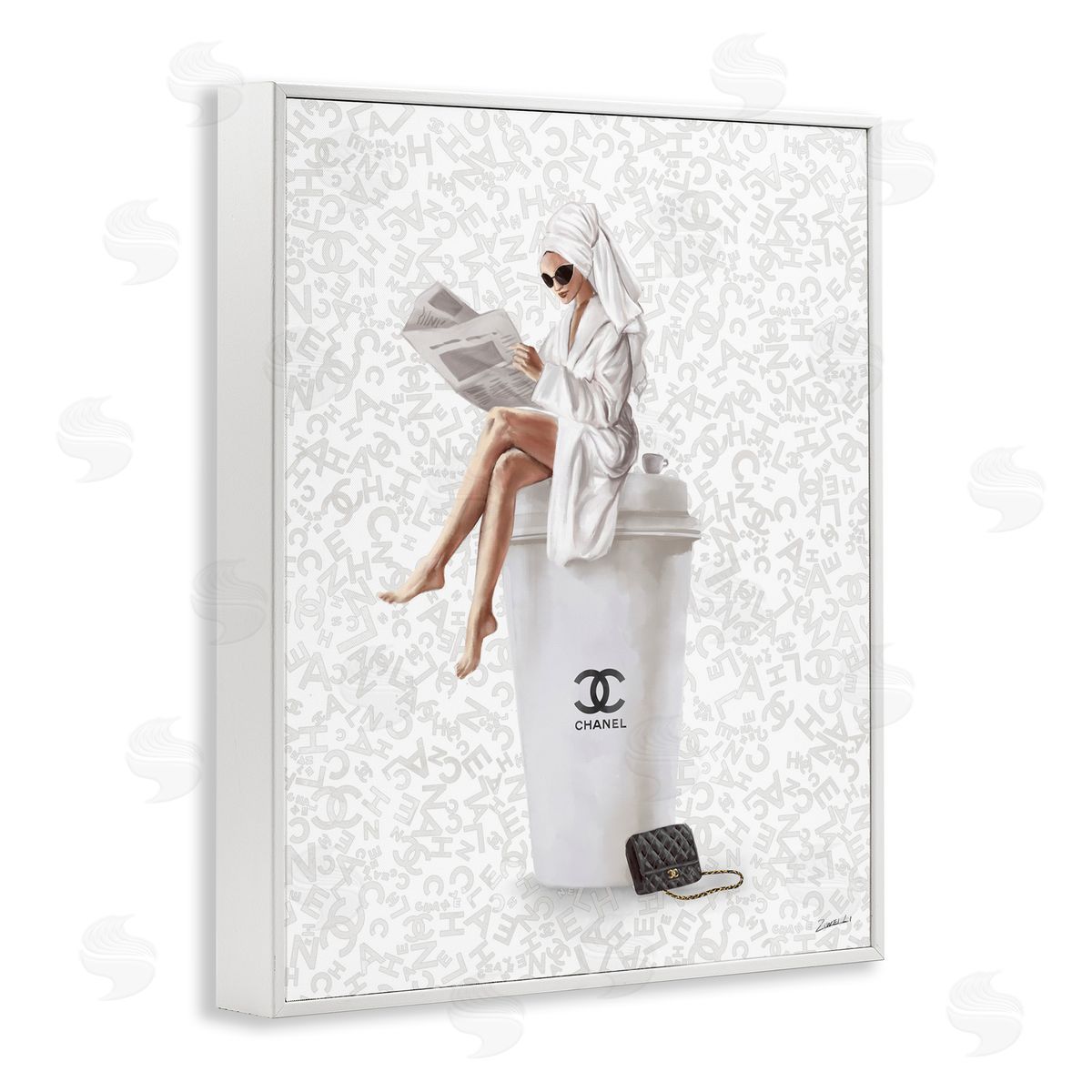 Glam Girl Bathrobe White Frame Print Wall Art, Home Decor by Ziwei Li