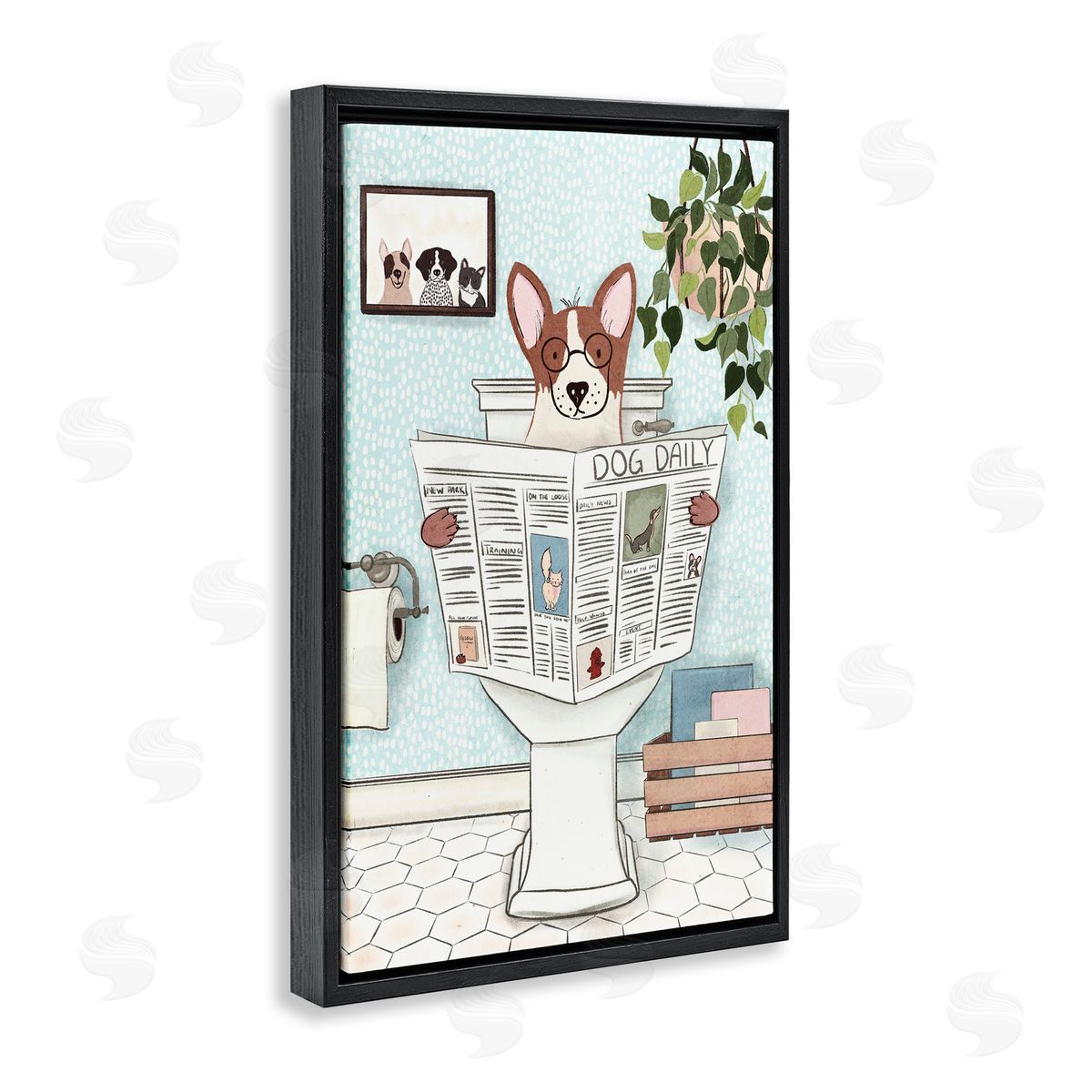 Pup with Newspaper Black Floating Frame Canvas Wall Art, Home Decor by JJ Design House, LLC.