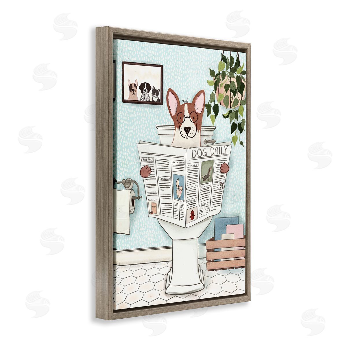 Pup with Newspaper Brown Floating Frame Canvas Wall Art, Home Decor by JJ Design House, LLC.