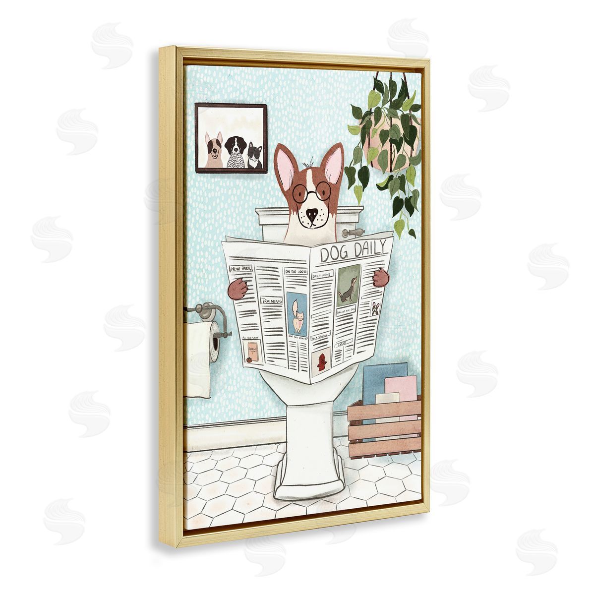 Pup with Newspaper Gold Floating Frame Canvas Wall Art, Home Decor by JJ Design House, LLC.