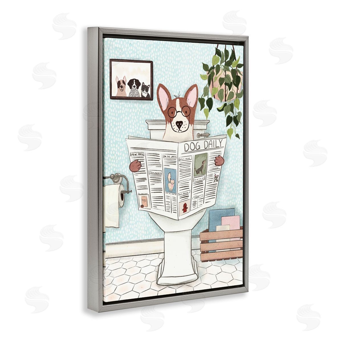 Pup with Newspaper Grey Floating Frame Canvas Wall Art, Home Decor by JJ Design House, LLC.