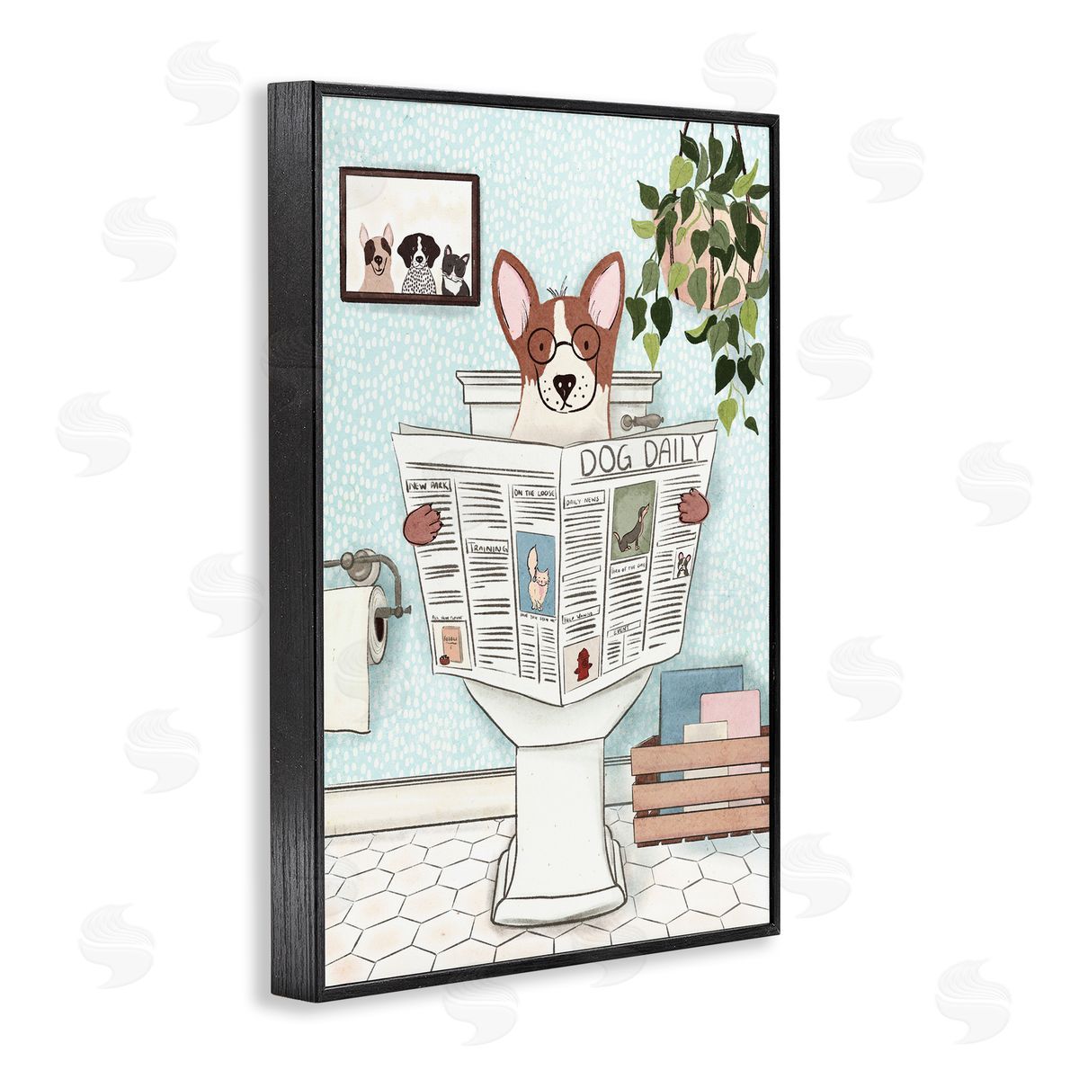 Pup with Newspaper Black Frame Print Wall Art, Home Decor by JJ Design House, LLC.