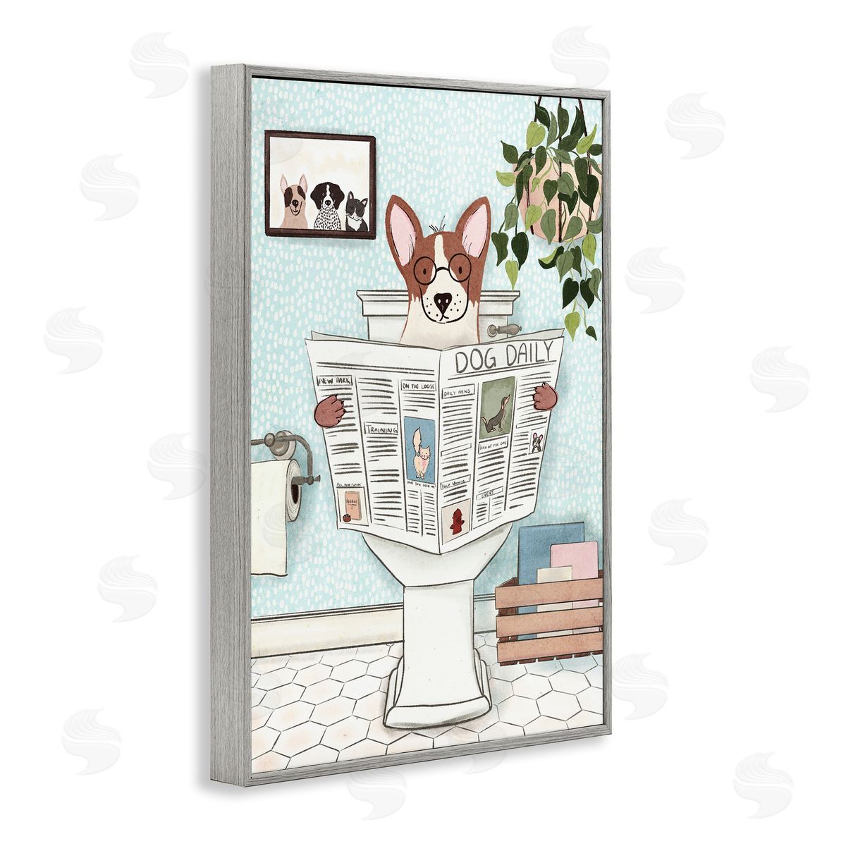 Pup with Newspaper Grey Frame Print Wall Art, Home Decor by JJ Design House, LLC.