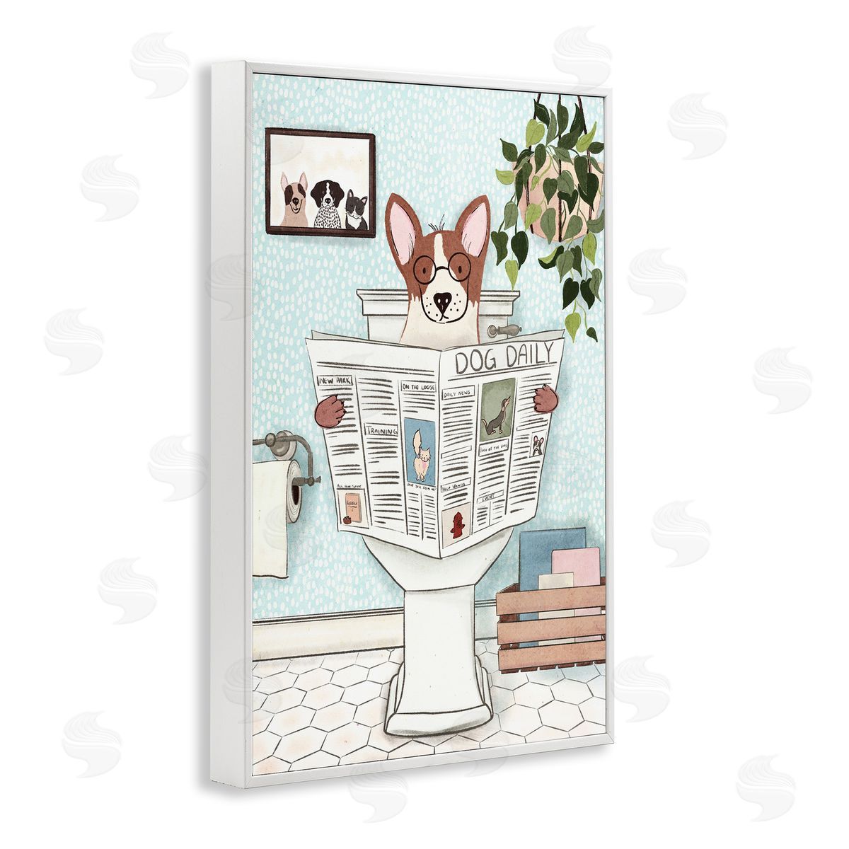Pup with Newspaper White Frame Print Wall Art, Home Decor by JJ Design House, LLC.