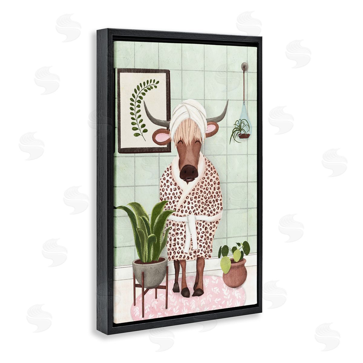 Cow in Bathrobe Black Floating Frame Canvas Wall Art, Home Decor by JJ Design House, LLC.
