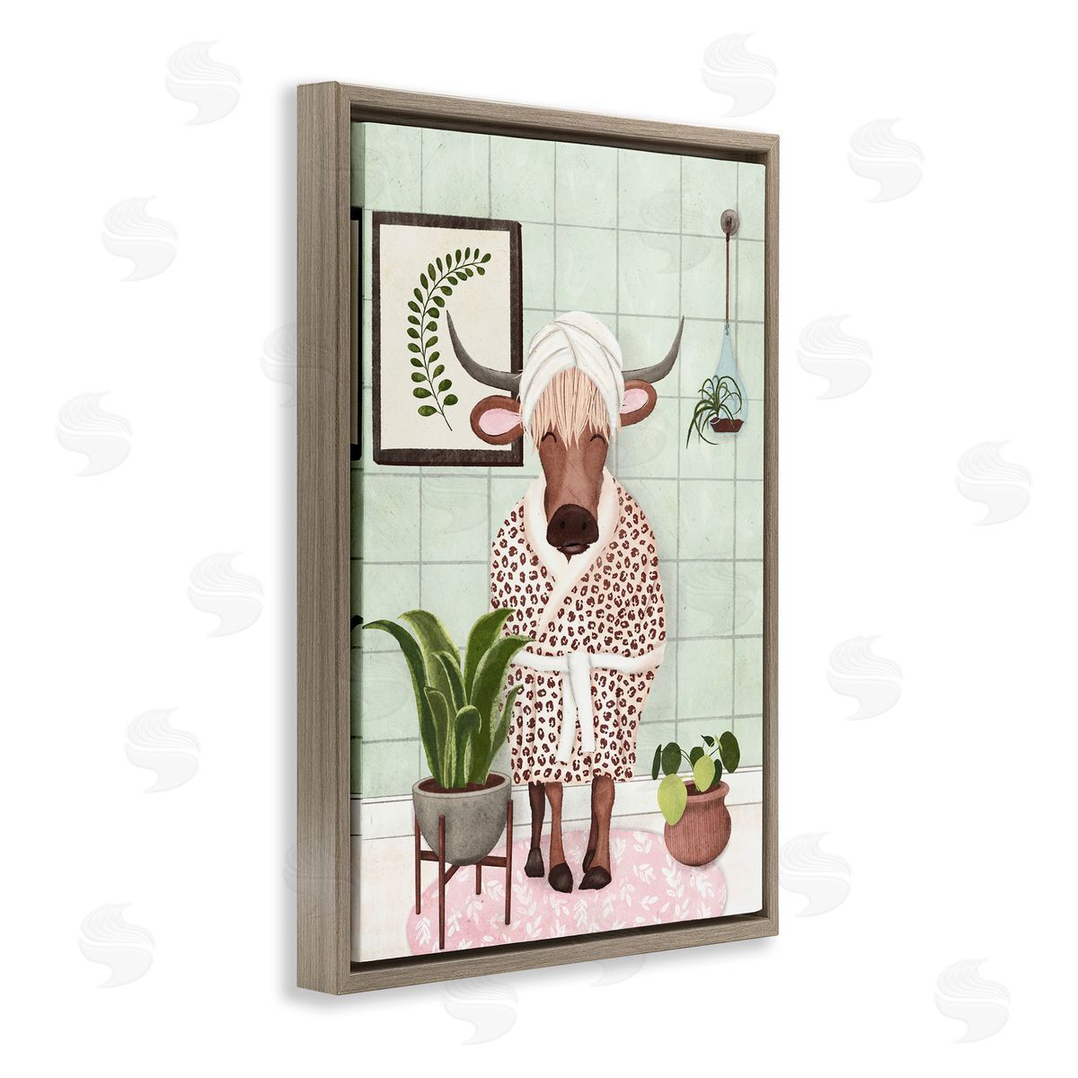 Cow in Bathrobe Brown Floating Frame Canvas Wall Art, Home Decor by JJ Design House, LLC.