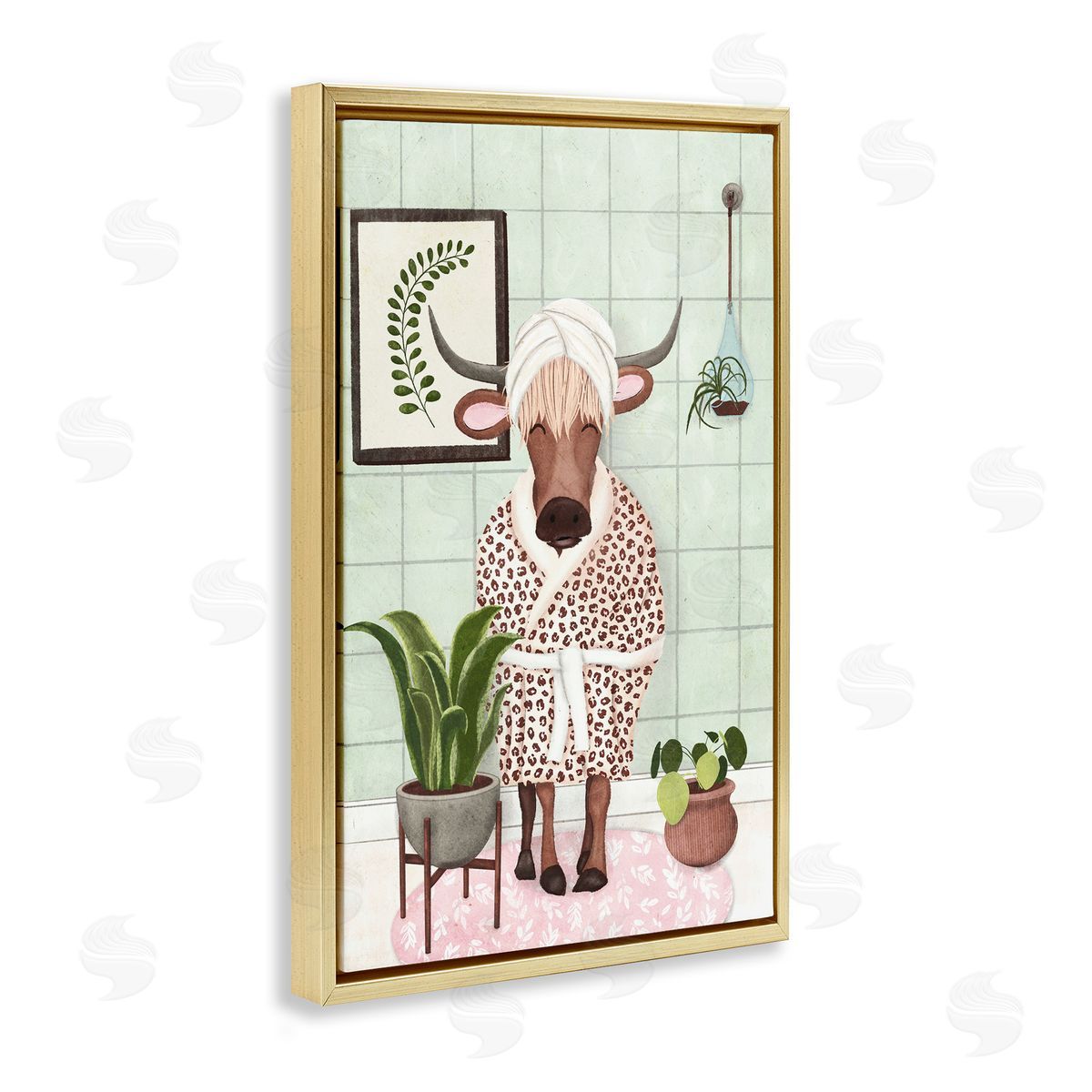 Cow in Bathrobe Gold Floating Frame Canvas Wall Art, Home Decor by JJ Design House, LLC.