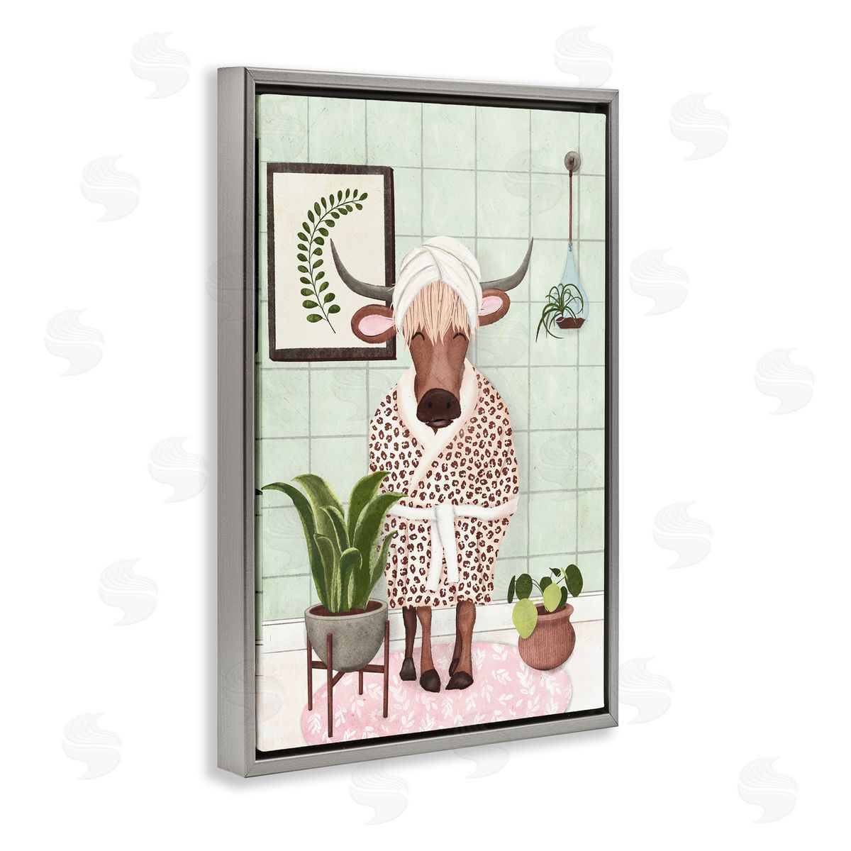 Cow in Bathrobe Grey Floating Frame Canvas Wall Art, Home Decor by JJ Design House, LLC.