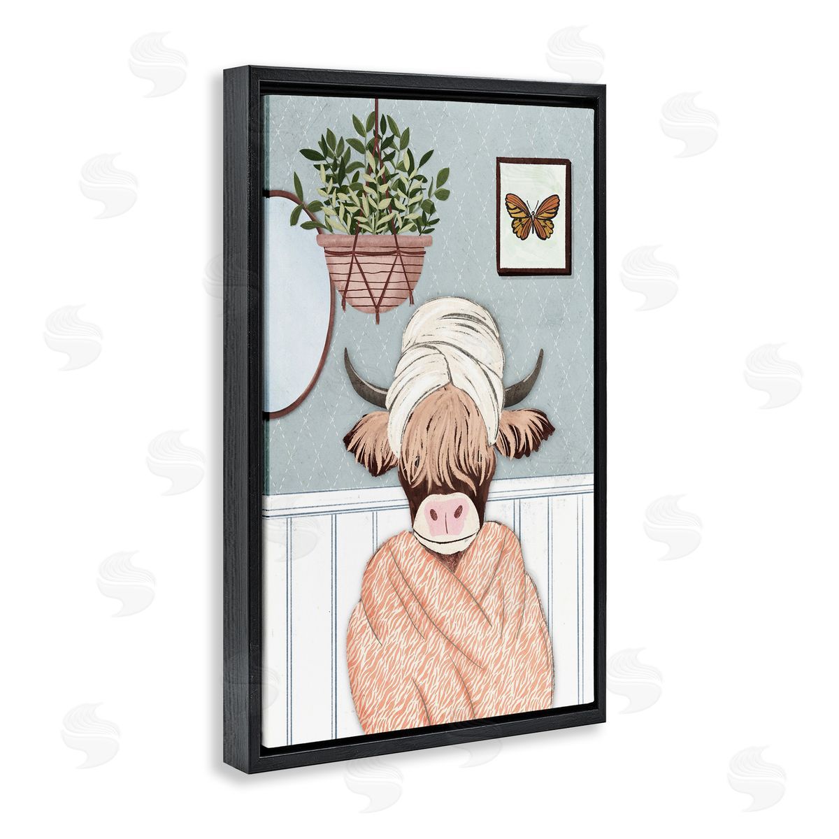 Highland Cow Bathrobe Black Floating Frame Canvas Wall Art, Home Decor by JJ Design House, LLC.
