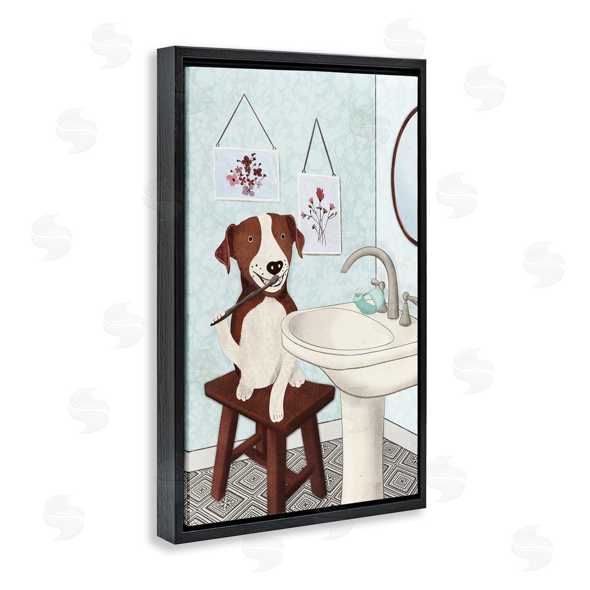 Dog Brushing Teeth Black Floating Frame Canvas Wall Art, Home Decor by JJ Design House, LLC.