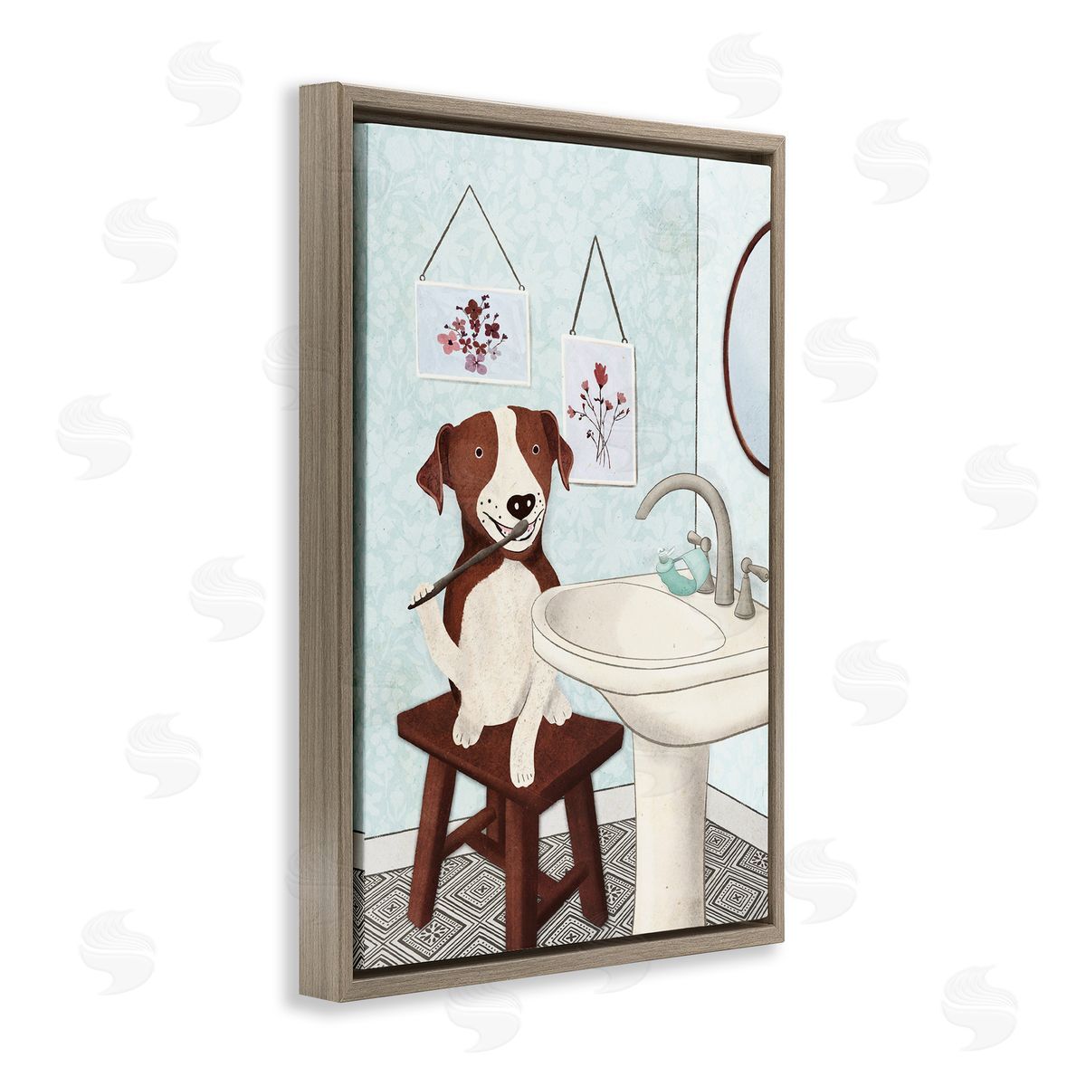 Dog Brushing Teeth Brown Floating Frame Canvas Wall Art, Home Decor by JJ Design House, LLC.